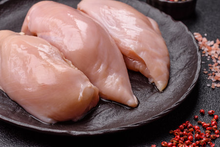 Meat, raw chicken fillets, poultry breast, skinless and boneless food. Raw chicken fillet as an ingredient for food preparationの写真素材