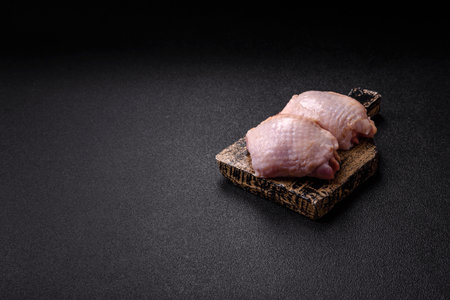 Meat, raw chicken thigh, leg in skin with salt and spices. Raw chicken thigh meat for food backgroundの写真素材