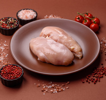 Meat, raw chicken fillets, poultry breast, skinless and boneless food. Raw chicken fillet as an ingredient for food preparationの写真素材