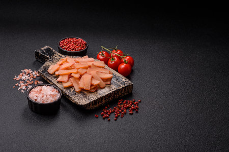 Food, dried squid in shavings or chopped as snacks or jerky. Snack dried squid for beer, background...