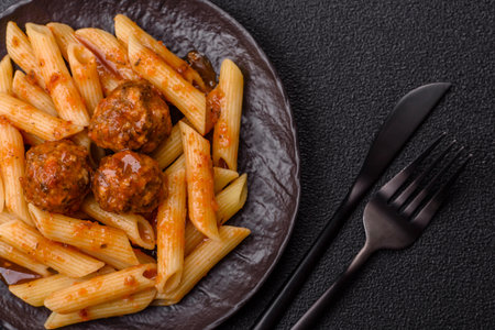 Penne pasta with meatballs in tomato sauce with salt and spices. Italian food penne pasta on dark concrete backgroundの写真素材