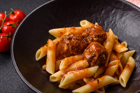 Penne pasta with meatballs in tomato sauce with salt and spices. Italian food penne pasta on dark concrete backgroundの写真素材