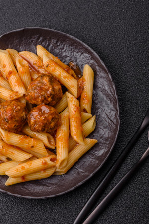 Penne pasta with meatballs in tomato sauce with salt and spices. Italian food penne pasta on dark concrete backgroundの写真素材