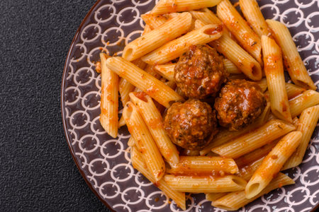 Penne pasta with meatballs in tomato sauce with salt and spices. Italian food penne pasta on dark concrete backgroundの写真素材
