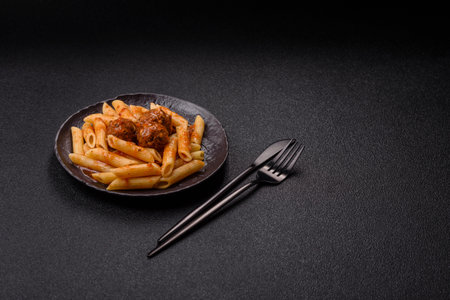 Penne pasta with meatballs in tomato sauce with salt and spices. Italian food penne pasta on dark concrete backgroundの写真素材