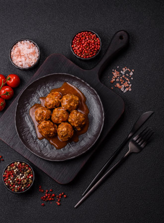 Meat, meatballs in tomato sauce, Italian food, beef or pork with salt and spices. Meatballs with tomatoes as a background for your designの写真素材