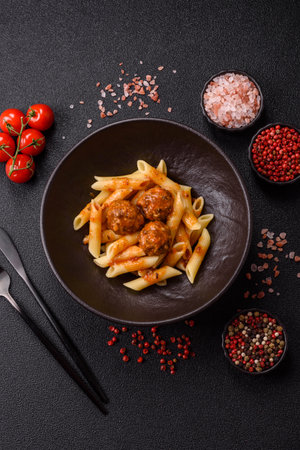 Penne pasta with meatballs in tomato sauce with salt and spices. Italian food penne pasta on dark concrete backgroundの写真素材
