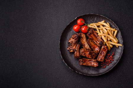 Meat, beef ribs in a marinade grilled with salt and spices. Grilled ribs, barbecued meat foodの写真素材