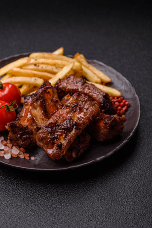 Meat, beef ribs in a marinade grilled with salt and spices. Grilled ribs, barbecued meat foodの写真素材