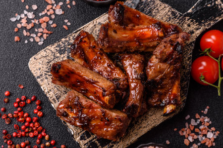 Meat, beef ribs in a marinade grilled with salt and spices. Grilled ribs, barbecued meat foodの写真素材