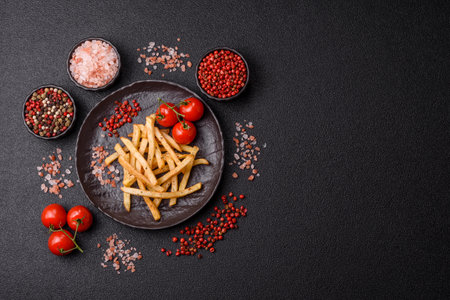 Food, French fries fried with salt and rosemary. Homemade French fries, crispy chipsの写真素材