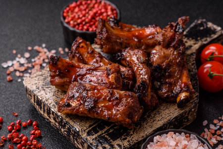 Meat, beef ribs in a marinade grilled with salt and spices. Grilled ribs, barbecued meat foodの写真素材