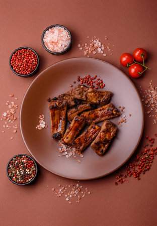 Meat, beef ribs in a marinade grilled with salt and spices. Grilled ribs, barbecued meat foodの写真素材