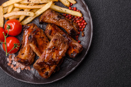 Meat, beef ribs in a marinade grilled with salt and spices. Grilled ribs, barbecued meat foodの写真素材