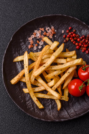 Food, French fries fried with salt and rosemary. Homemade French fries, crispy chipsの写真素材