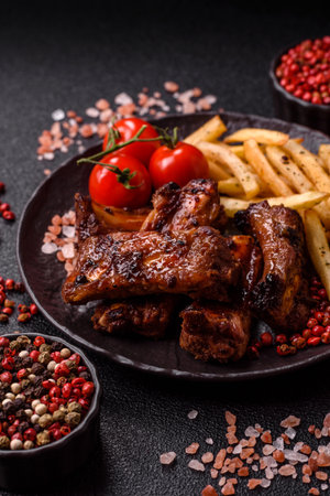 Meat, beef ribs in a marinade grilled with salt and spices. Grilled ribs, barbecued meat foodの写真素材