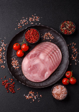 Sliced ham, meat, pork or turkey sausage for sandwiches. Ham slices, food, background for your designの写真素材