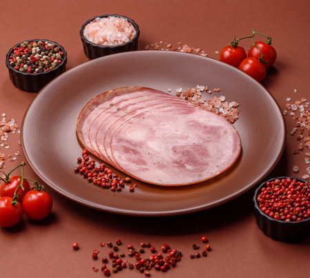 Sliced ham, meat, pork or turkey sausage for sandwiches. Ham slices, food, background for your designの写真素材