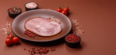 Sliced ham, meat, pork or turkey sausage for sandwiches. Ham slices, food, background for your...