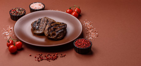 Grilled beef steak meat with salt and pepper. Beef steak grilled on a barbecue as a background for your designの写真素材
