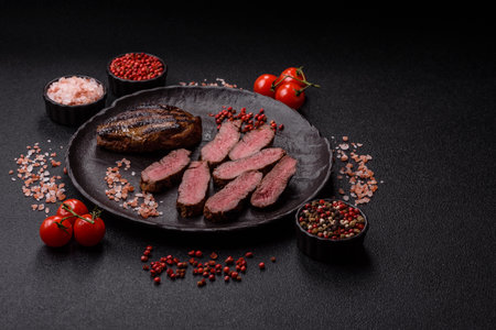 Grilled beef steak meat with salt and pepper. Beef steak grilled on a barbecue as a background for your designの写真素材