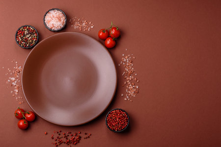 Empty ceramic plate on a monochrome brown background. Empty plate with cutlery on a dining tableの写真素材