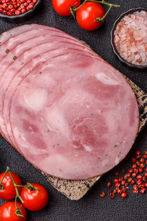 Sliced ham, meat, pork or turkey sausage for sandwiches. Ham slices, food, background for your...
