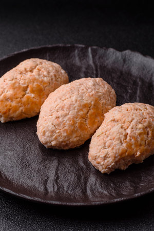 Steamed fish or chicken cutlets or meatballs with salt and spices. Fish cutlets made of chopped salmonの写真素材