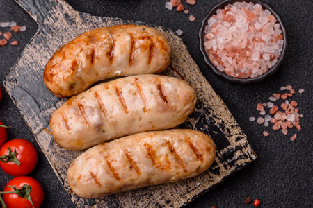 Grilled chicken or beef sausages, a hot meat dish cooked over a fire. Barbecue sausages