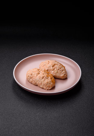 Steamed fish or chicken cutlets or meatballs with salt and spices. Fish cutlets made of chopped salmonの写真素材