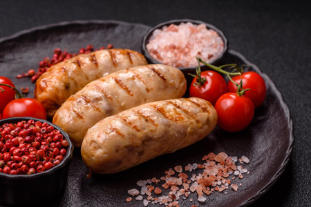 Grilled chicken or beef sausages, a hot meat dish cooked over a fire. Barbecue sausagesの写真素材