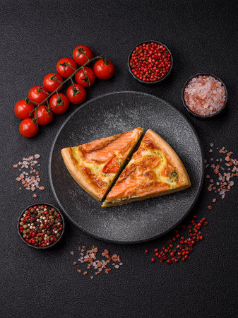 Quiche, salmon pie, broccoli, cheese. Quiche tart with fish and vegetables, cheese, salt and spices,...