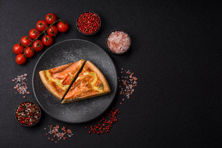 Quiche, salmon pie, broccoli, cheese. Quiche tart with fish and vegetables, cheese, salt and spices, healthy foodの写真素材