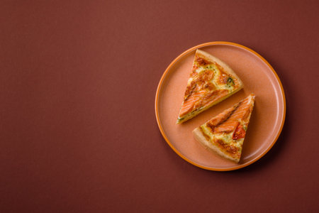 Quiche, salmon pie, broccoli, cheese. Quiche tart with fish and vegetables, cheese, salt and spices,...