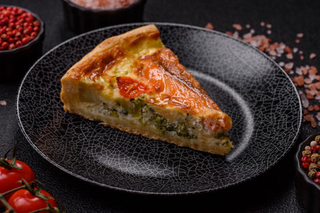 Quiche, salmon pie, broccoli, cheese. Quiche tart with fish and vegetables, cheese, salt and spices, healthy foodの写真素材