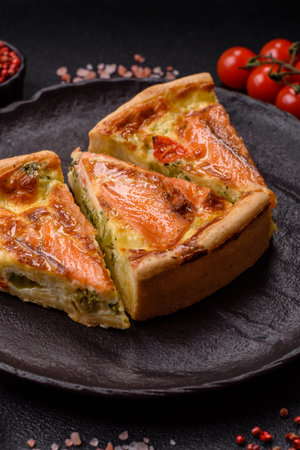 Quiche, salmon pie, broccoli, cheese. Quiche tart with fish and vegetables, cheese, salt and spices,...