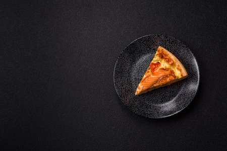 Quiche, salmon pie, broccoli, cheese. Quiche tart with fish and vegetables, cheese, salt and spices,...