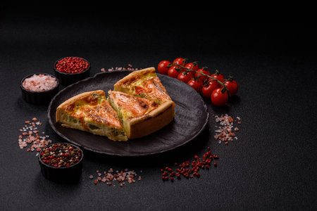 Quiche, salmon pie, broccoli, cheese. Quiche tart with fish and vegetables, cheese, salt and spices,...