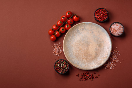 Empty round black plate for food, kitchen utensils on dining table. Empty plate on dark backgroundの写真素材
