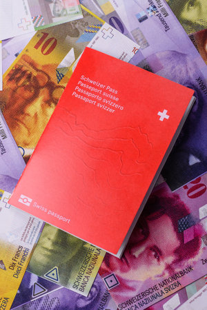 Swiss passport for traveling, flying and doing business. Switzerland document, id for crossing the borderの写真素材