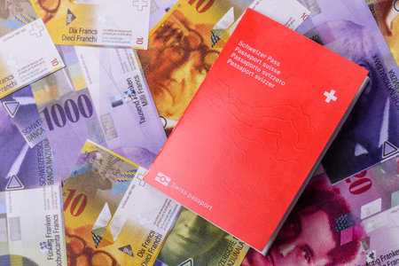 Swiss passport for traveling, flying and doing business. Switzerland document, id for crossing the borderの写真素材