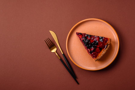 Pie, cheesecake with mascarpone, raspberries and blackberries. Cheesecake with cream, cheese, berries for a festive tableの写真素材