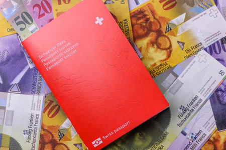Swiss passport for traveling, flying and doing business. Switzerland document, id for crossing the borderの写真素材
