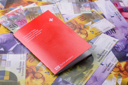 Swiss passport for traveling, flying and doing business. Switzerland document, id for crossing the borderの写真素材