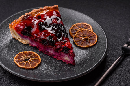 Pie, cheesecake with mascarpone, raspberries and blackberries. Cheesecake with cream, cheese, berries for a festive tableの写真素材