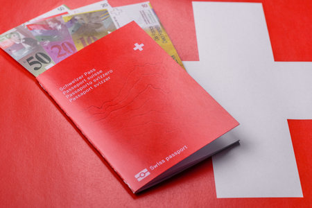 Swiss passport for traveling, flying and doing business. Switzerland document, id for crossing the borderの写真素材