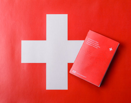 Swiss passport for traveling, flying and doing business. Switzerland document, id for crossing the borderの写真素材