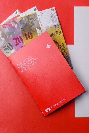 Swiss passport for traveling, flying and doing business. Switzerland document, id for crossing the borderの写真素材