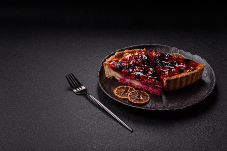 Pie, cheesecake with mascarpone, raspberries and blackberries. Cheesecake with cream, cheese, berries for a festive tableの写真素材