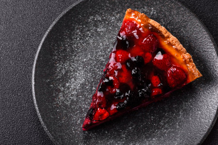 Pie, cheesecake with mascarpone, raspberries and blackberries. Cheesecake with cream, cheese, berries for a festive tableの写真素材